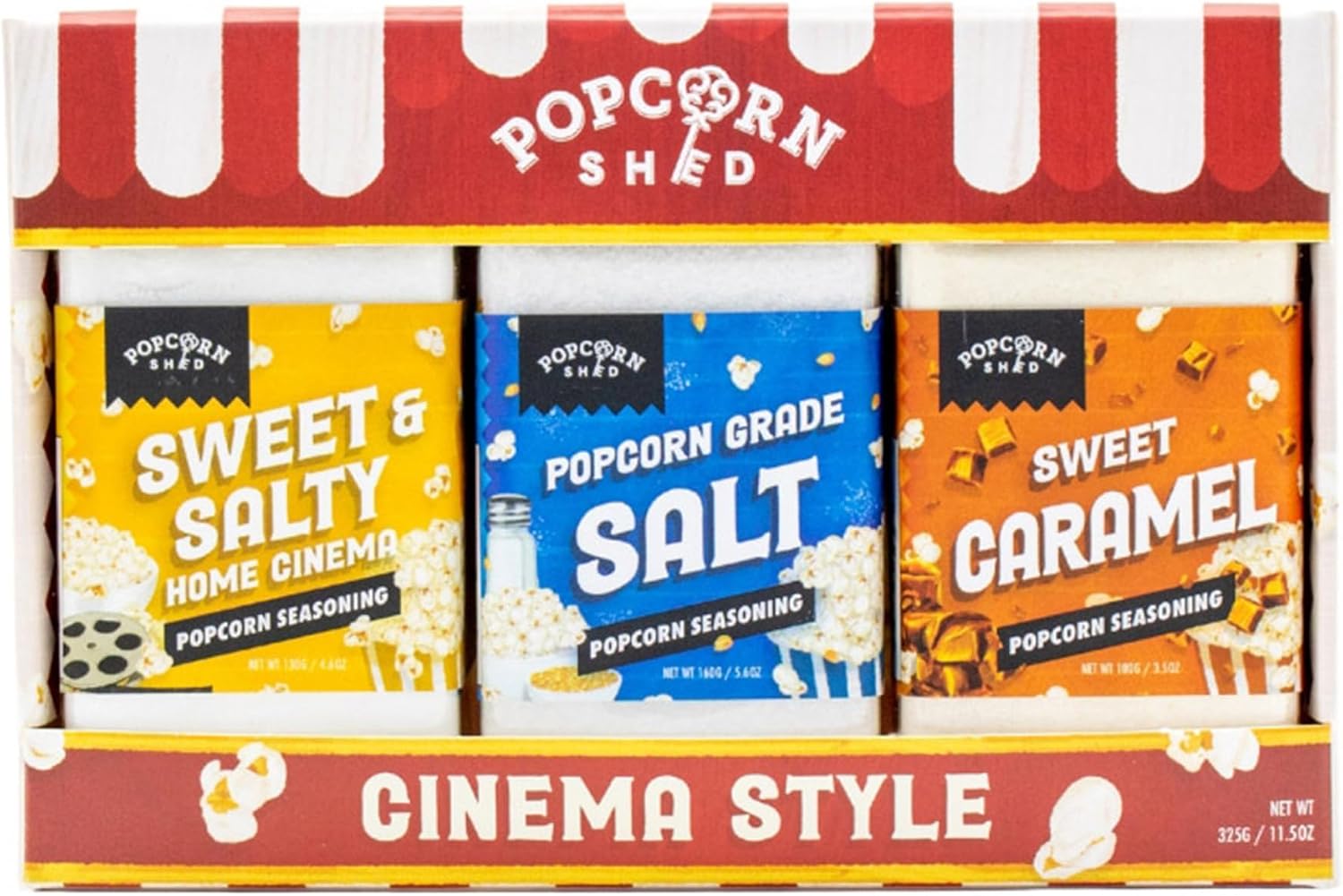 Cinema Style Popcorn Seasoning Kit, DIY Popcorn, Popcorn Seasoning Shakers, 3 Flavors: Caramel, Sea Salt and Sweet & Salty, 11.5oz, Imported from UK