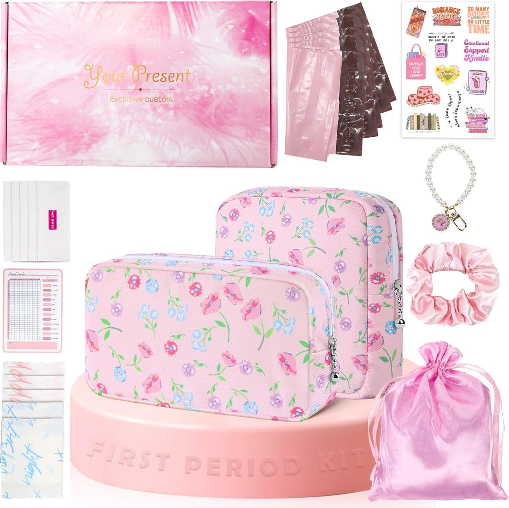 22 PCS First Period Starter Kit Gift for Teen Girls Period Bags for Teen Tweens Girls with Sanitary Pad Storage Bag, Wipes, Menstrual Tracker, Disposal Pouches and More (Pink Floral)