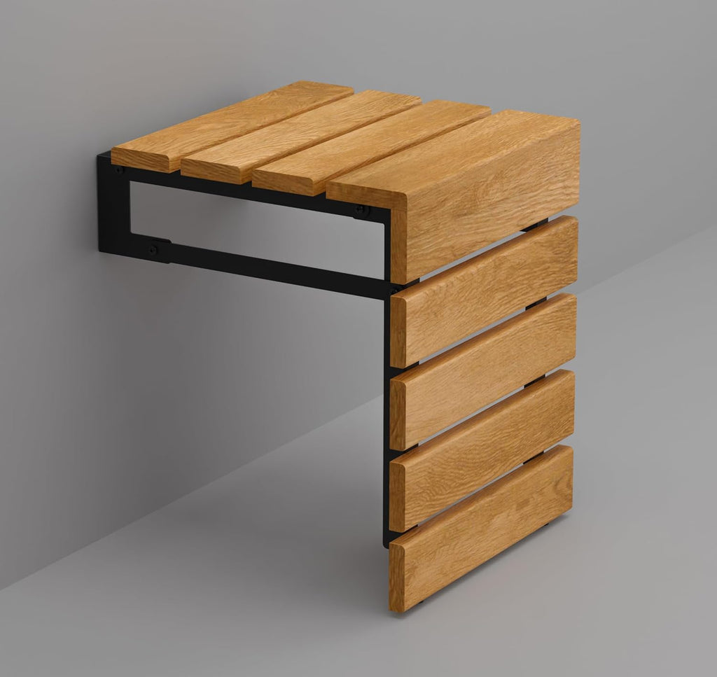 Folding Wall Mounted Teak Wood Handmade Shower Seat, Inside Shower Bathroom Stool for Seniors Disabled Pregnant Handicapped, Foldable Water Resistant Outdoor Bench (Natural)