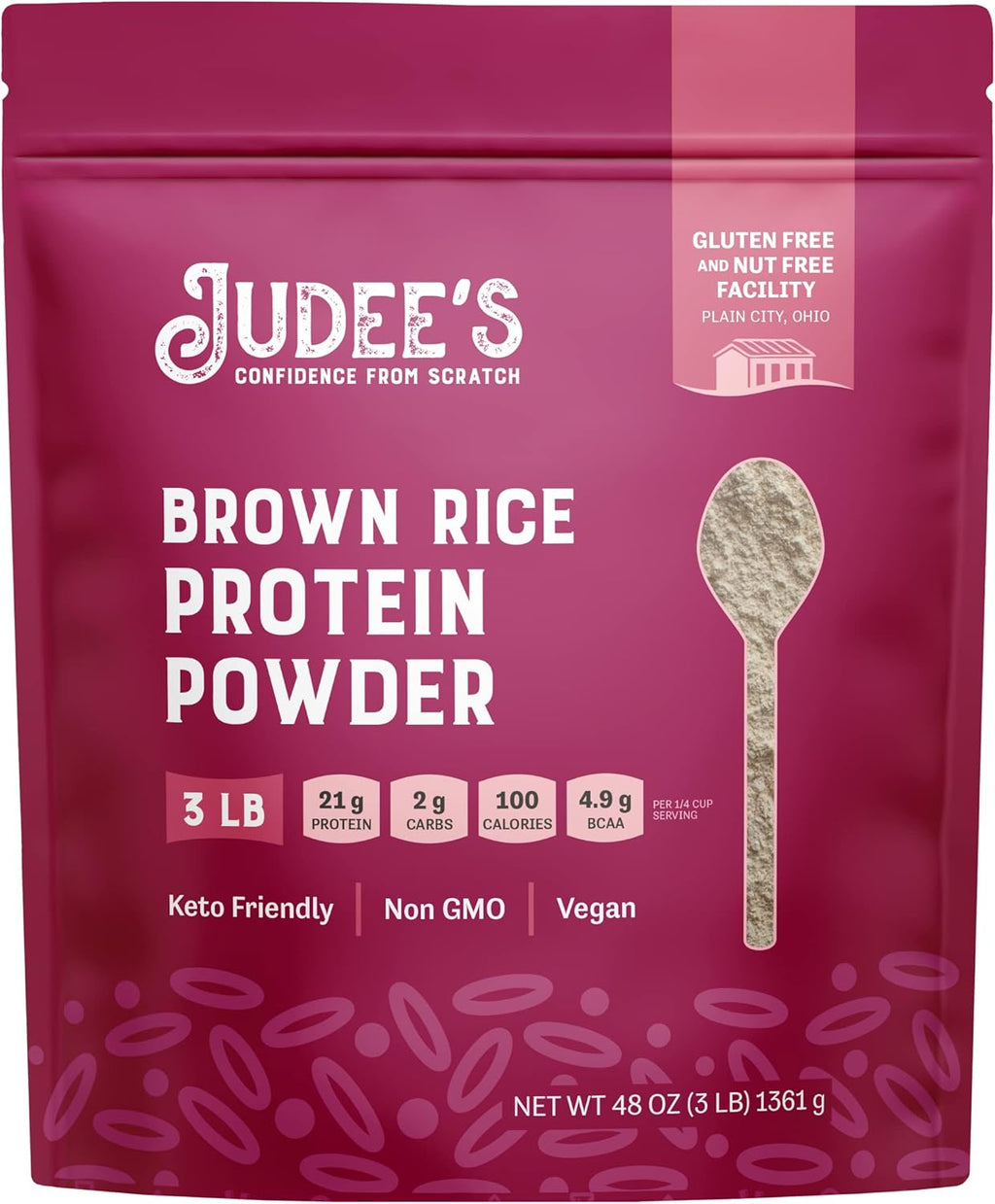 Judee's Gluten Free Brown Rice Protein Powder - Sprouted Rice Formula - Keto-Friendly Plant-Based Nutrition - Dairy & Soy-Free Shake Base - 3 lb, Unflavored, Pack of 1