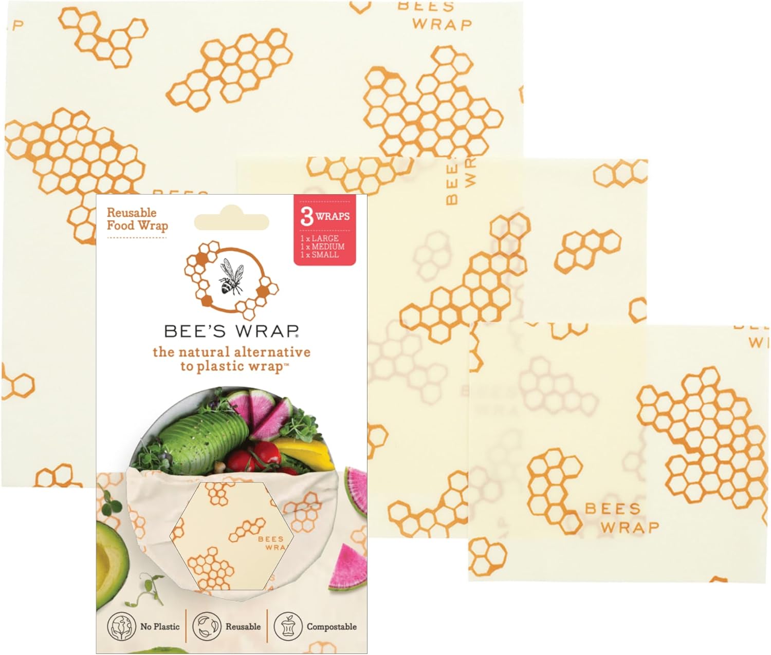 Bee's Wrap Beeswax Wraps for Food - 3 Pack of Assorted Beeswax Wraps - Small, Medium & Large Wrap - Plastic Free Made in USA Reusable Natural Food Wrap - Honeycomb Print