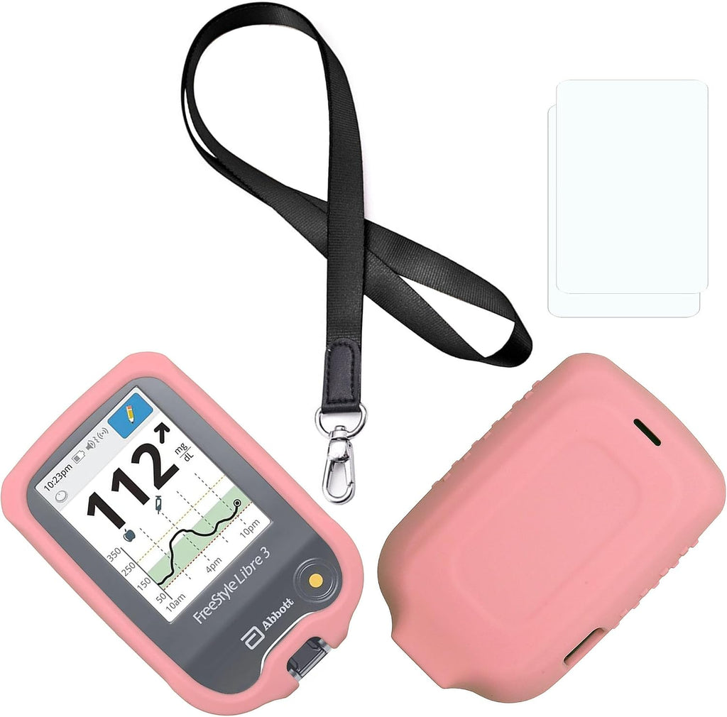 SNK Premium Silicone Case (Lanyard + TPU Screen Protector) for Freestyle Libre 3 & Freestyle Libre 2 (LROSE-Pink)