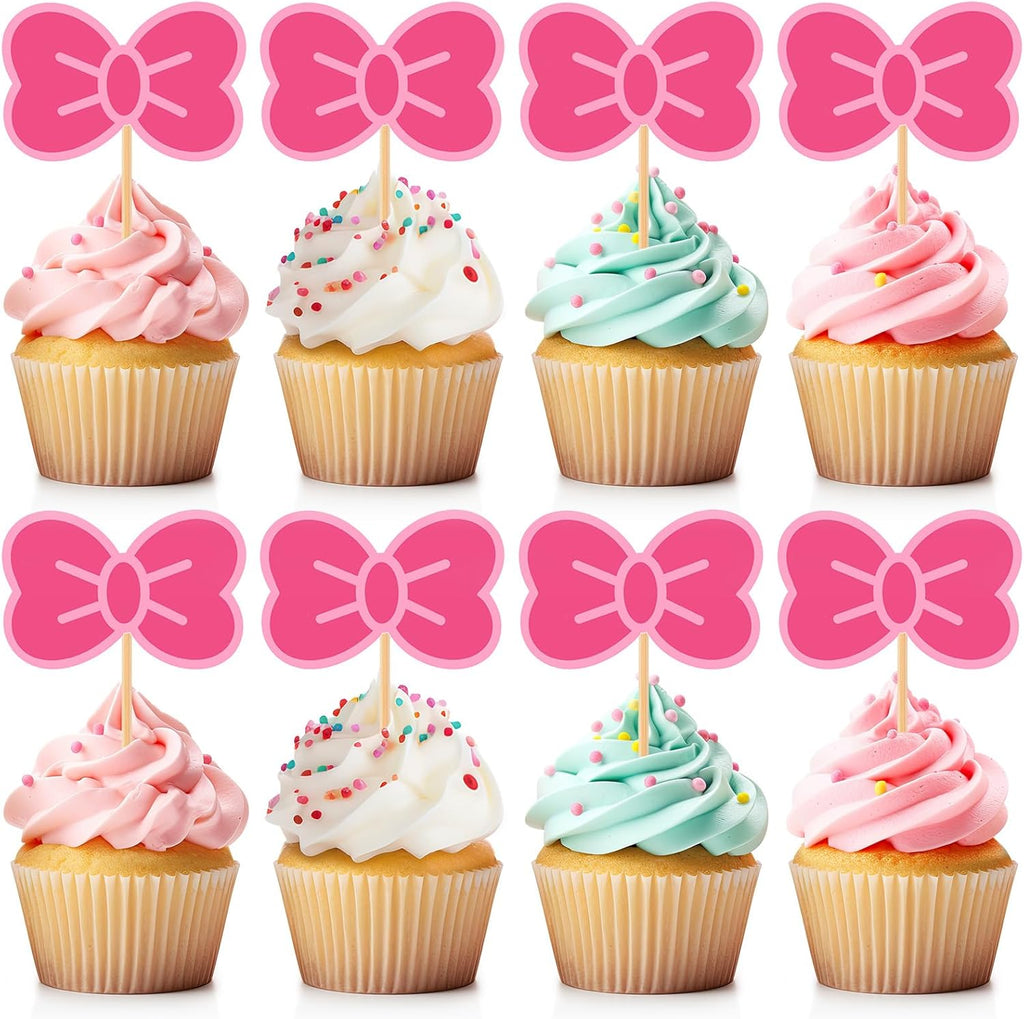 24 Pcs Pink Cat Cupcake Toppers Bow Cake Toppers Cute Kawaii Cake Decorations Kitty Birthday Party Decorations for Girls Kitten Anime Theme Party(Classic Pink)