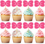 24 Pcs Pink Cat Cupcake Toppers Bow Cake Toppers Cute Kawaii Cake Decorations Kitty Birthday Party Decorations for Girls Kitten Anime Theme Party(Classic Pink)