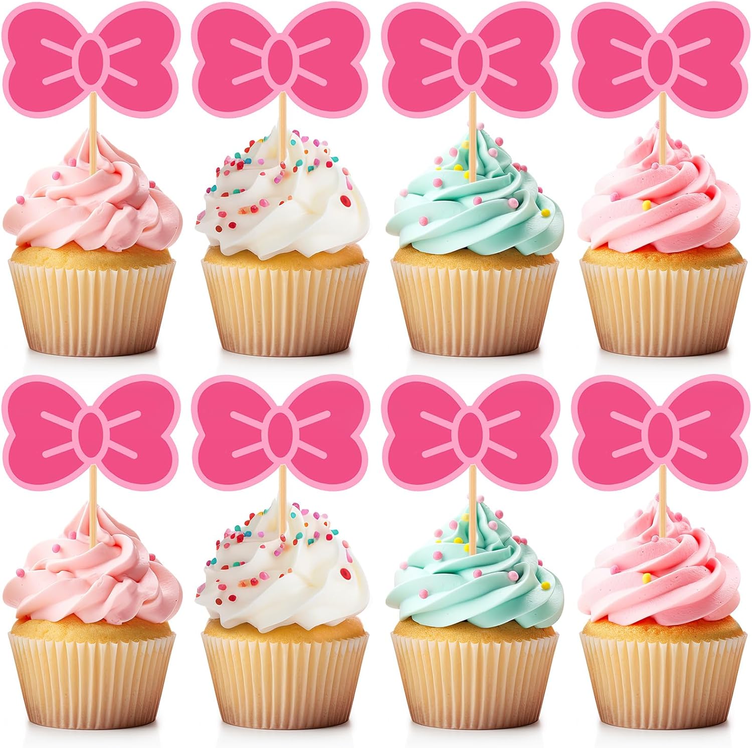 24 Pcs Pink Cat Cupcake Toppers Bow Cake Toppers Cute Kawaii Cake Decorations Kitty Birthday Party Decorations for Girls Kitten Anime Theme Party(Classic Pink)