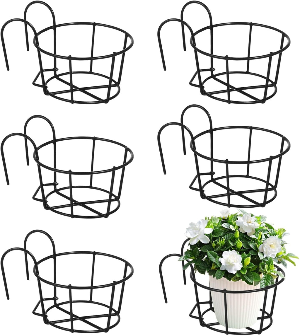 6 PCS Round Hanging Railing Planters, Hanging Flower Stand Iron Baskets, Hanging Planters for Outdoor Plants, Metal Rack Fence Shelf Plant Holder with Hooks for Balconies, Gardens, Indoor Spaces