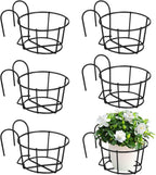 6 PCS Round Hanging Railing Planters, Hanging Flower Stand Iron Baskets, Hanging Planters for Outdoor Plants, Metal Rack Fence Shelf Plant Holder with Hooks for Balconies, Gardens, Indoor Spaces