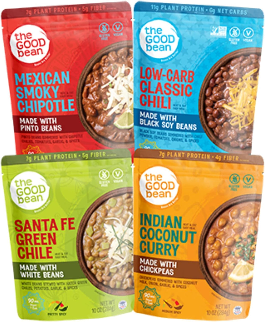 The Good Bean Heat and Eat Pouch - Variety Pack - (Pack of 4) 10 oz Pouch - Mexican Smoky Chipotle, Low-Carb Classic Chili, Santa Fe Green Chile, and Indian Coconut Curry