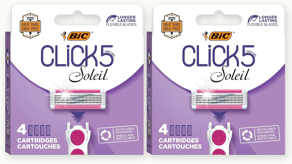 BIC Click 5 Soleil Women's Razor Refills with 5 Flexible Blades and Recyclable Box, Pink, 8 Count