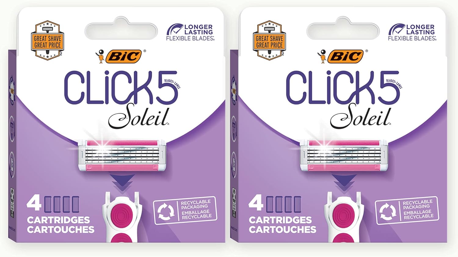 BIC Click 5 Soleil Women's Razor Refills with 5 Flexible Blades and Recyclable Box, Pink, 8 Count