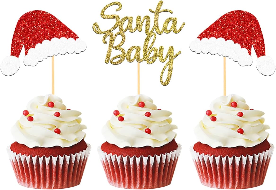 24pcs Glitter Christmas Santa Baby Cupcake Toppers, Christmas Hat Cupake toppers First Cake Decorations for Baby Shower Birthday Party Supplies (Baby A)