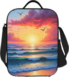 Insulated Lunch Bag For Adults A Painting Of A Sunset Over The Ocean With Birds Flying In The Sky. Lunch Box Reusable Tote Bag Unisex For Work, Travel, Picnic, Office, Camping, Hiking, Picnic, Beach