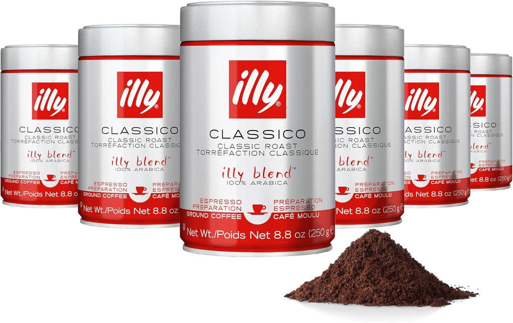 illy Ground Espresso Coffee, Classico Medium Roast, 100% Arabica, Premium Italian Coffee, Pre-Ground for Espresso Machines, 8.8oz, 6 Pack