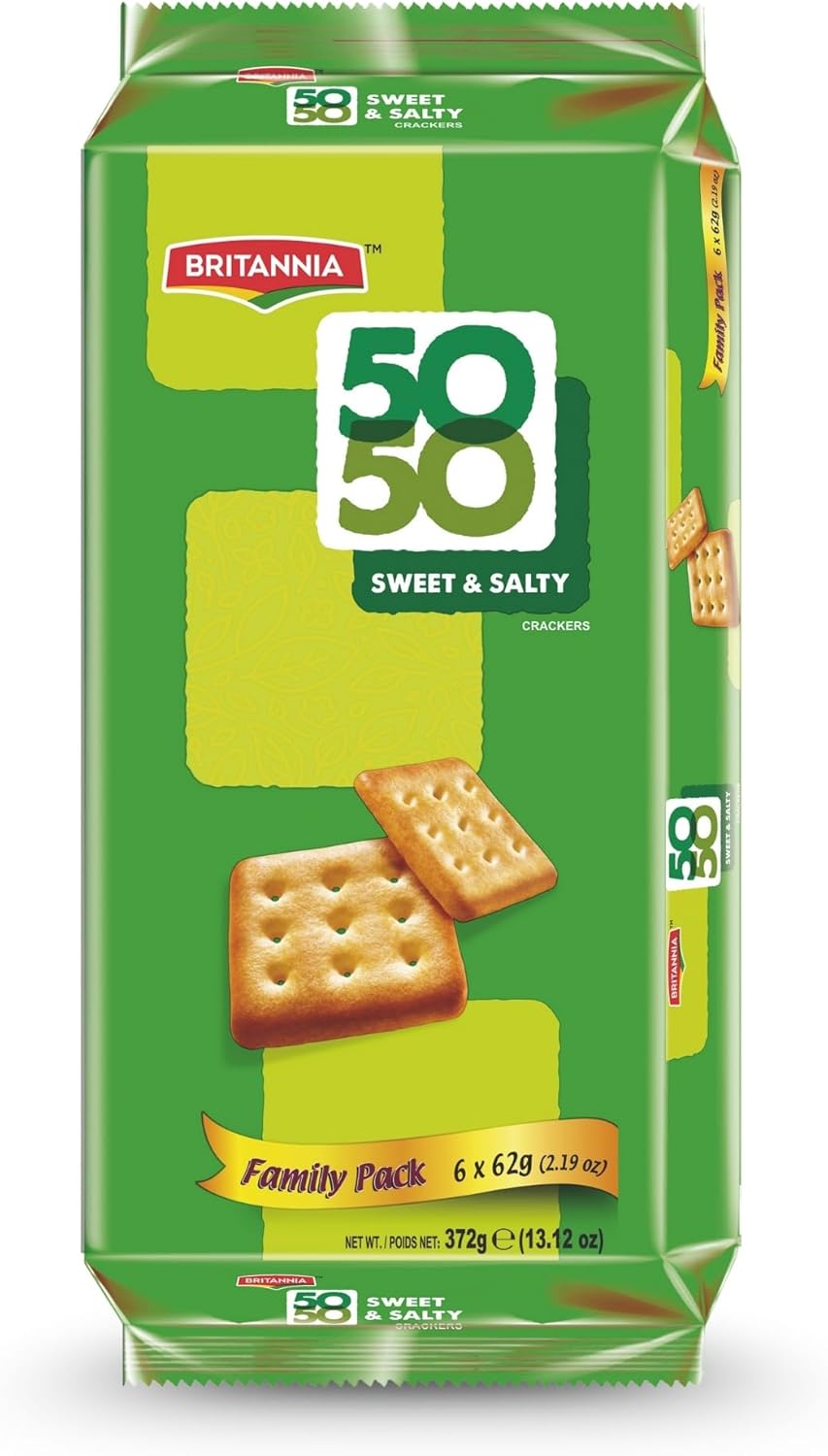 Britannia 50-50 Sweet & Salty Crackers, Crunchy Snack Biscuits, Family Pack – 6 Packs x 62 g (372 g) 13.12oz