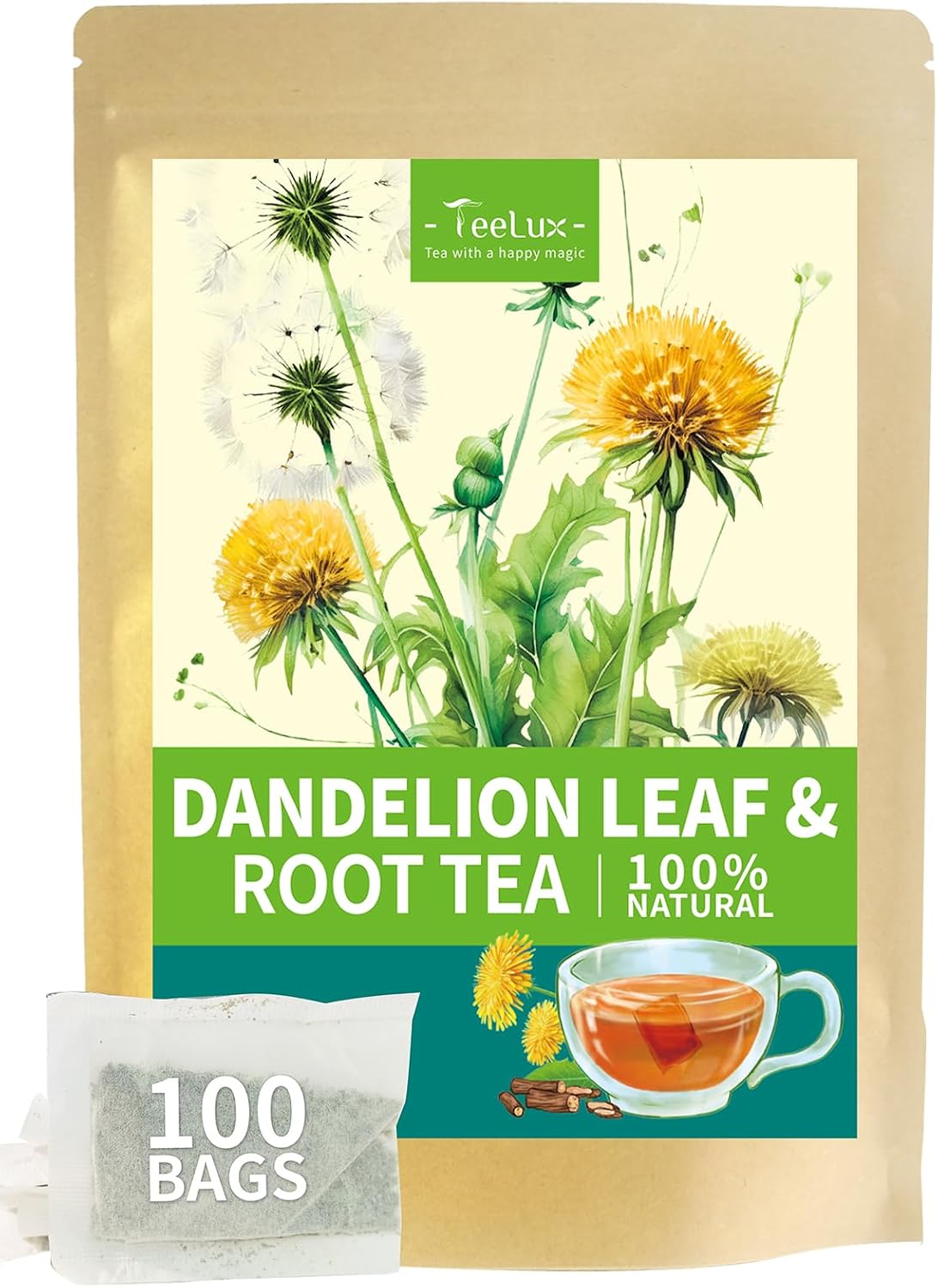 TeeLux Dandelion Leaf & Root Tea Bags, Natural Roasted Dandelion Root with Fresh Dandelion Leaf Herbal Tea, Caffeine Free, 100 Count