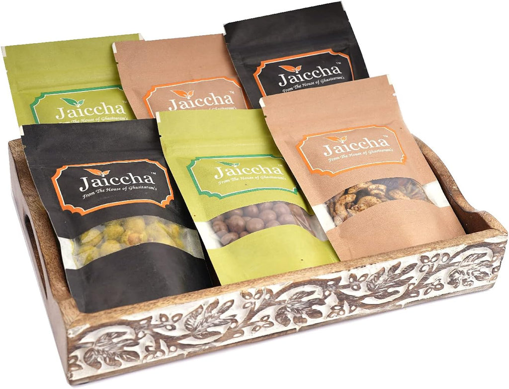 Jaiccha Ghasitaram Diwali Gifts - Diwali Gifts Wooden Serving Tray of 6 Assorted Flavoured Nuts
