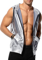 Arjen Kroos Men's Metallic Hoodie Vest Sequin Zip Up Sleeveless Rave Disco Shiny T Shirt with Pockets