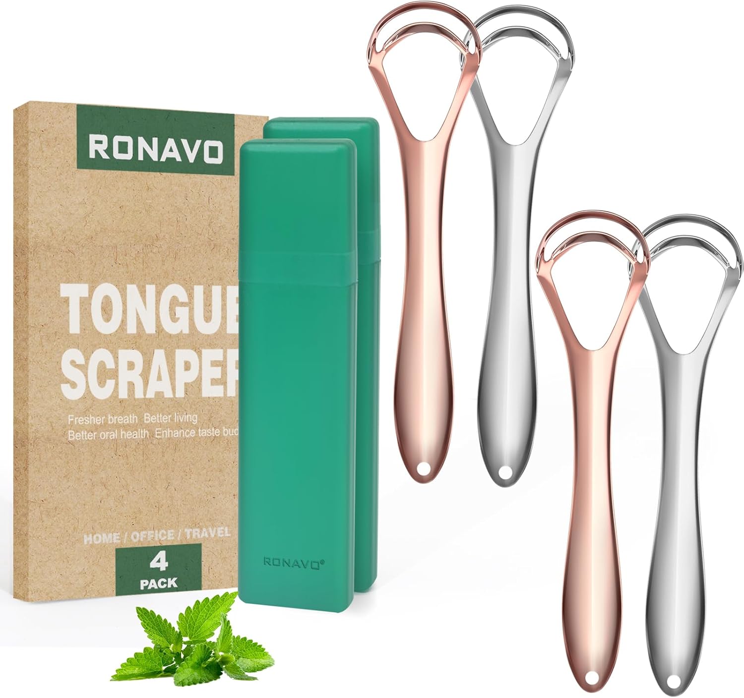 RONAVO Tongue Scraper for Adults (4 PC), Tounge Scraper Dual Scraping Head with Travel Cases, Stainless Steel Tongue Cleaner Fresh Breath, Oral Care, 2 Colors
