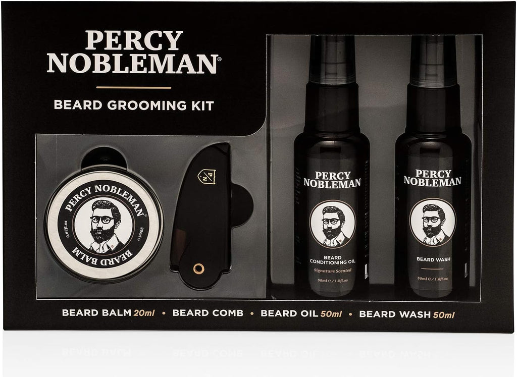 Percy Nobleman Beard Grooming Kit – Gift Set with Signature Scented Beard Oil (1.7 fl oz), Beard Wash (1.7 fl oz), Beard Balm (0.7 fl oz) & Beard Comb for Softening, Hydration & Beard Maintenance