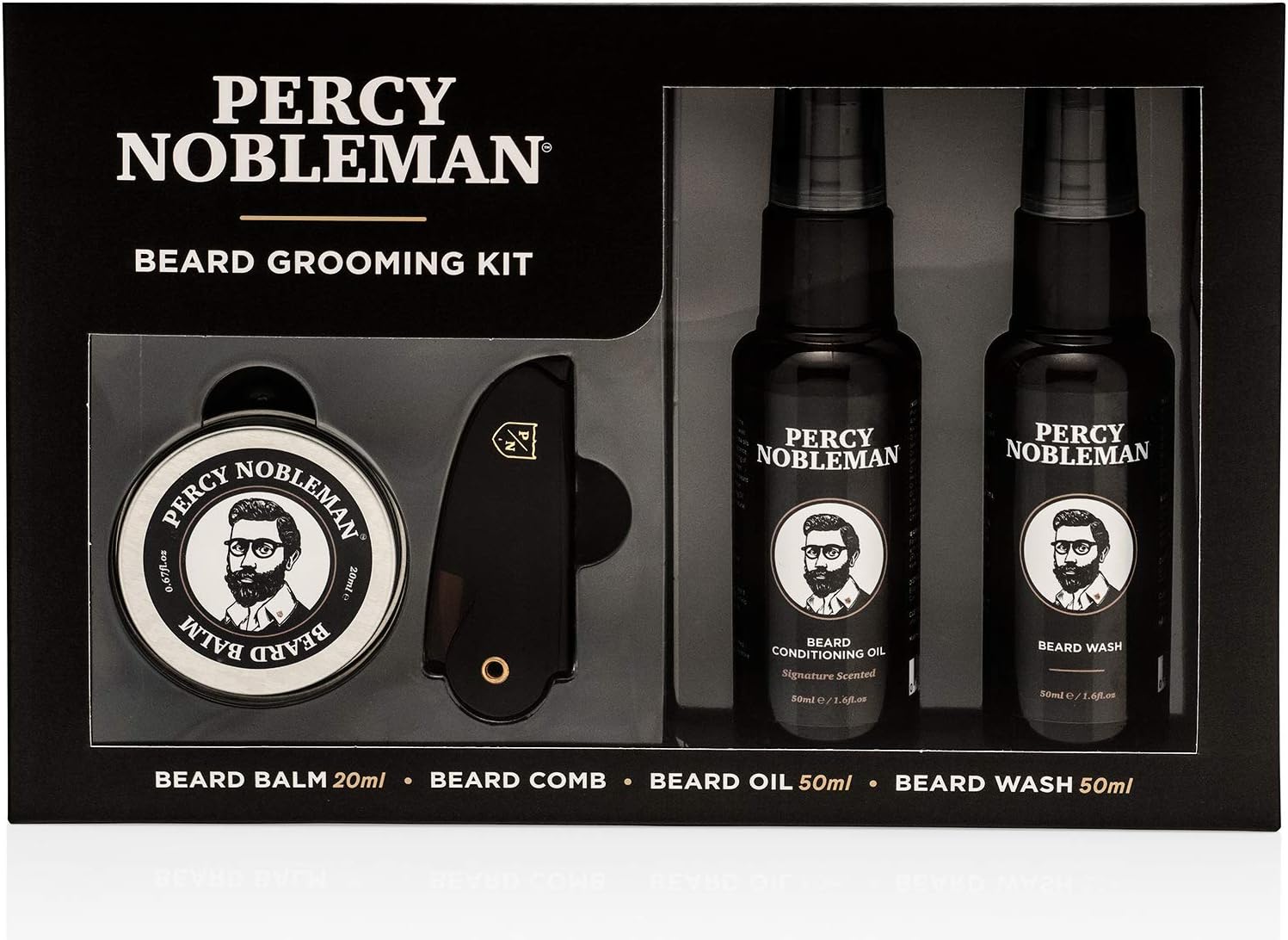 Percy Nobleman Beard Grooming Kit – Gift Set with Signature Scented Beard Oil (1.7 fl oz), Beard Wash (1.7 fl oz), Beard Balm (0.7 fl oz) & Beard Comb for Softening, Hydration & Beard Maintenance