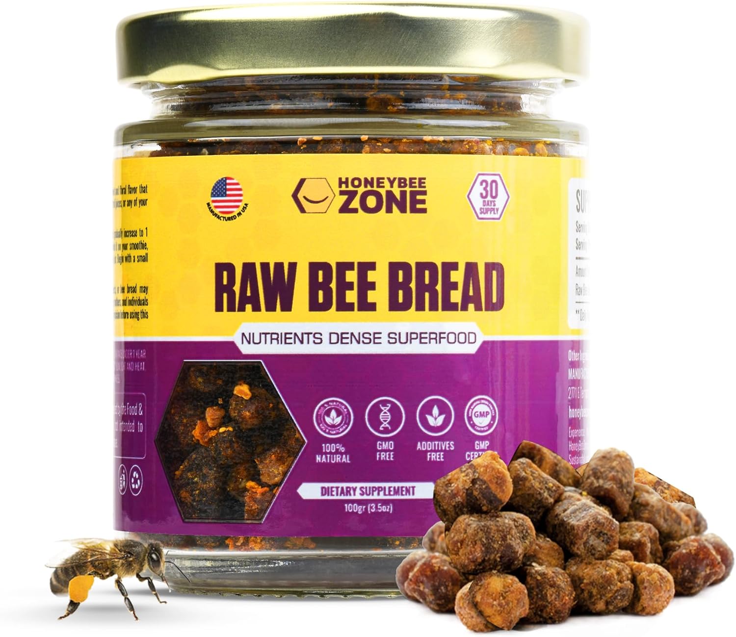 HONEYBEEZONE-Raw Bee Bread-Perga, Fermented Bee Pollen Superfood, Single Ingredient Food, Nutrient-Dense, Naturally Fermented, Non-GMO, Gluten-Free, 3.5 oz
