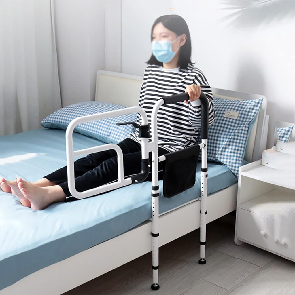 Bed Rail rotatable, Safety Bed Handle, Seniors Bed bar with Storage Pocket, Bedside Standing Assist Grab Bar, Height Adjustable (77-103cm)