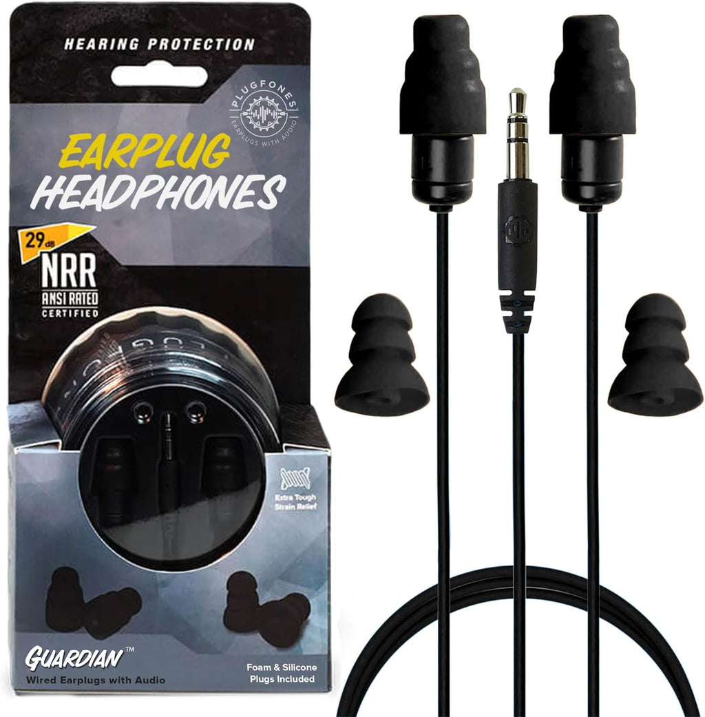 Plugfones Guardian Earplug Headphones - OSHA Compliant Noise-Reducing in-Ear Headphones with Hearing Protection - Wired Hybrid Design for Work and Travel - Includes Silicone & Foam Earplugs - Black