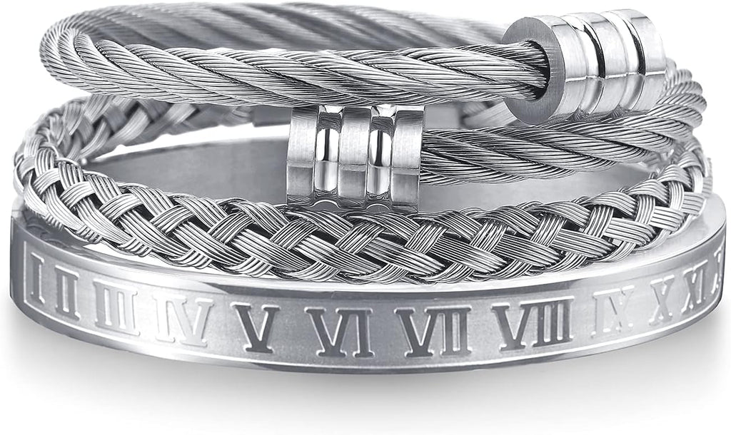 WFYOU 3PCS Stainless Steel Bracelets for Men Gold Roman Numeral Bangle Bracelet Twisted Cable Bracelet Adjustable Cuff Bracelet Mens Luxury Jewelry Bracelets Gifts