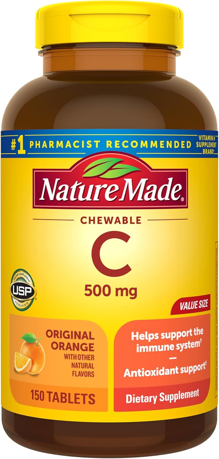 Nature Made Chewable Vitamin C 500 mg, Dietary Vitamin C Supplement for Immune Support, 150 Tablets, 150 Day Supply