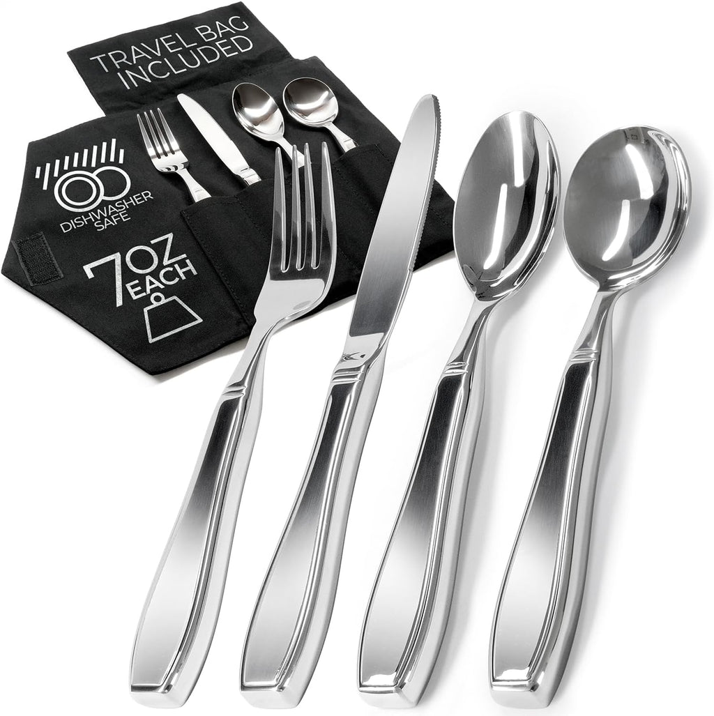 Weighted Utensils for Hand Tremors and Parkinson's Patients - 4 Piece Set Weighted Silverware for Elderly, Arthritis, Weak Hand Grip - Convenient Travel Bag, Stainless Steel, 7 Oz