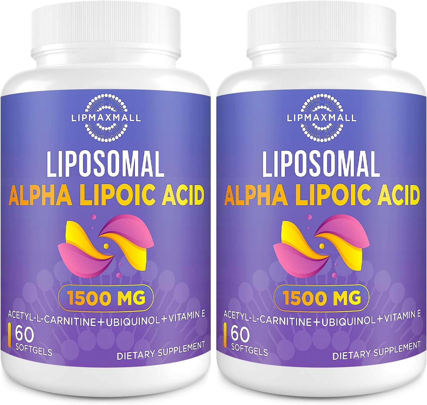 lipmaxmall Liposomal Alpha Lipoic Acid 1500mg - with Acetyl-L-Carnitine 900mg & Ubiquinol 100mg & Vitamin E 15mg，ALA Supplement for Antioxidants Glucose Metabolism Nerve Energy,60 Softgels (2 Bottle)