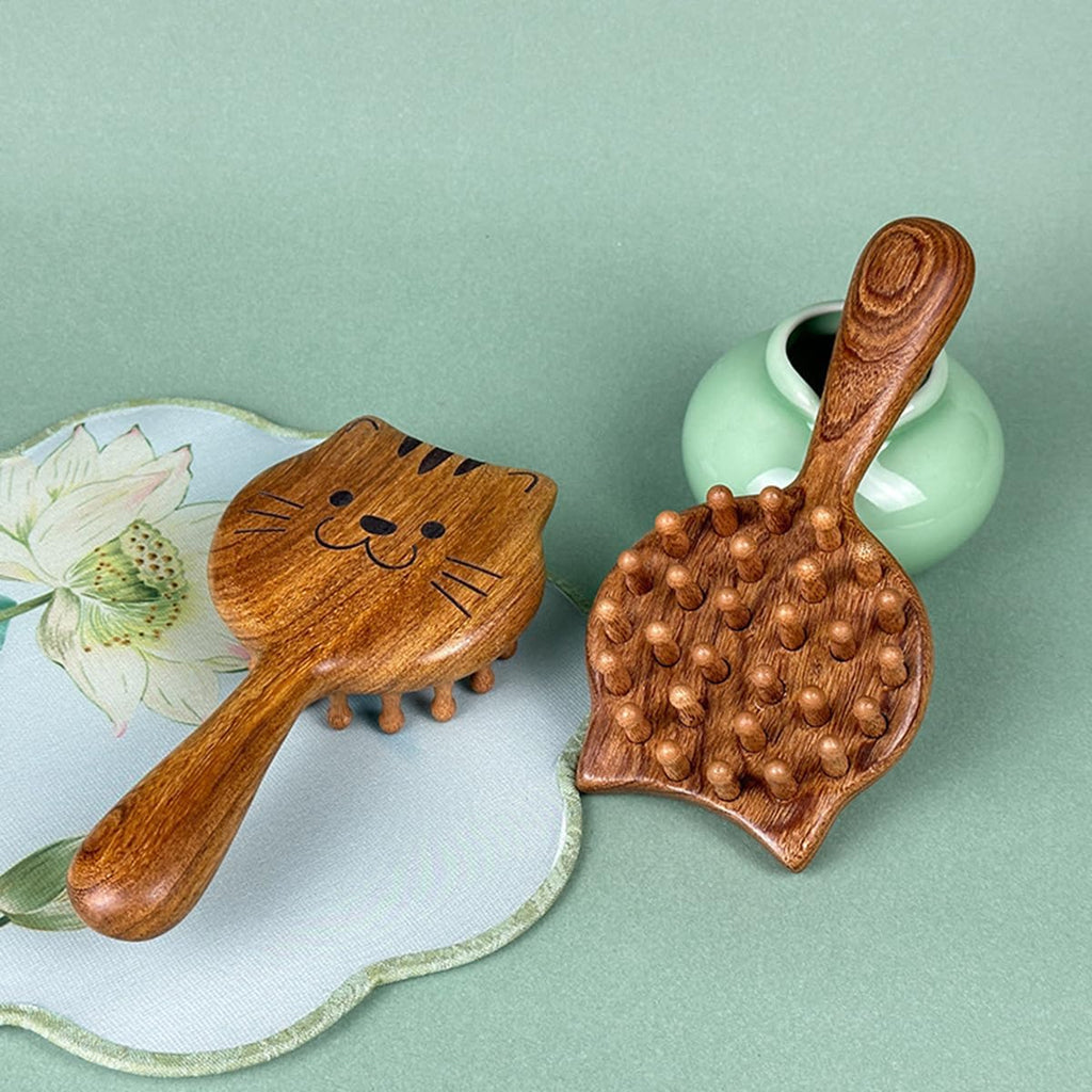 Hair Comb Handheld Wooden Comb Cute Kitty Design for Daily Use Sandalwood Anti-Static Scalp Massage