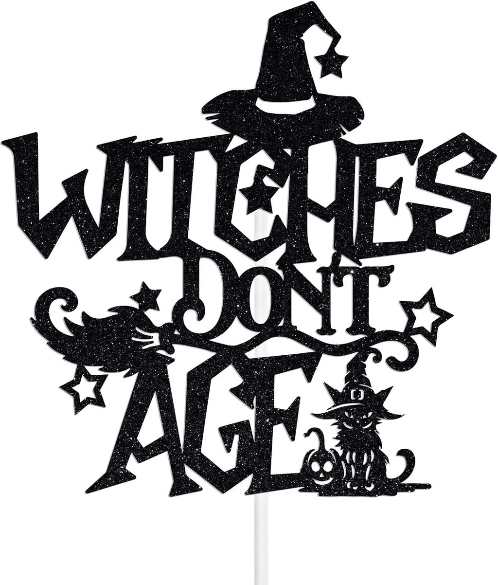 Witches Don’t Age Cake Topper, Halloween Witch Birthday Party Decoration Supplies, Gothic Witch Birthday Decoration, Halloween Girl Woman Happy Bday Decor Black Glitter