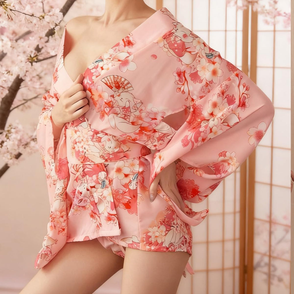 Women'S Sexy Kimono Roleplay Costume, Japanese Style Youthful Cherry Blossom Yukata Bathrobe Pajamas Loungewear Nightgown Sexy Underwear