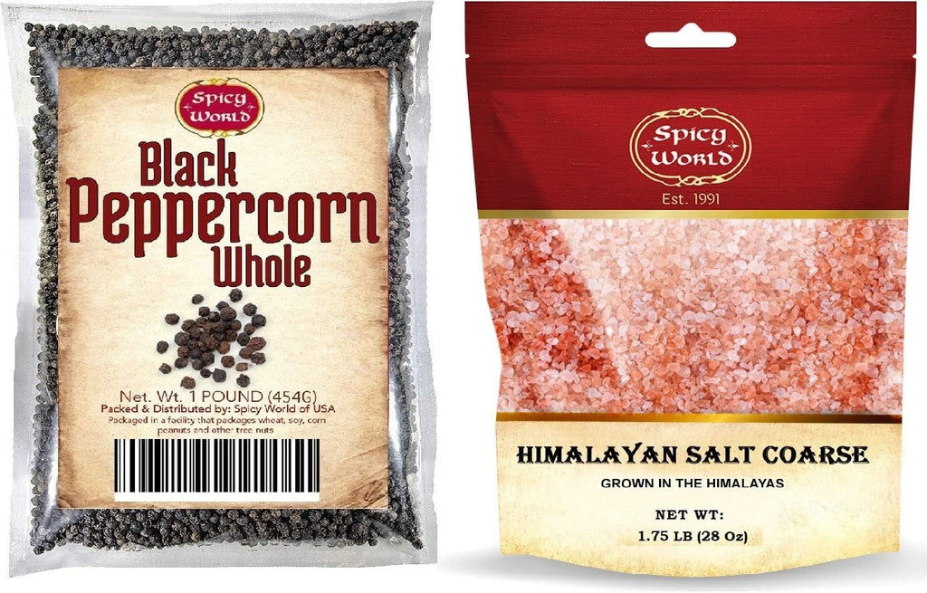 Spicy World Whole Black Peppercorns 16 Oz + Himalayan Pink Salt Coarse 1.75 LB (28 Oz)