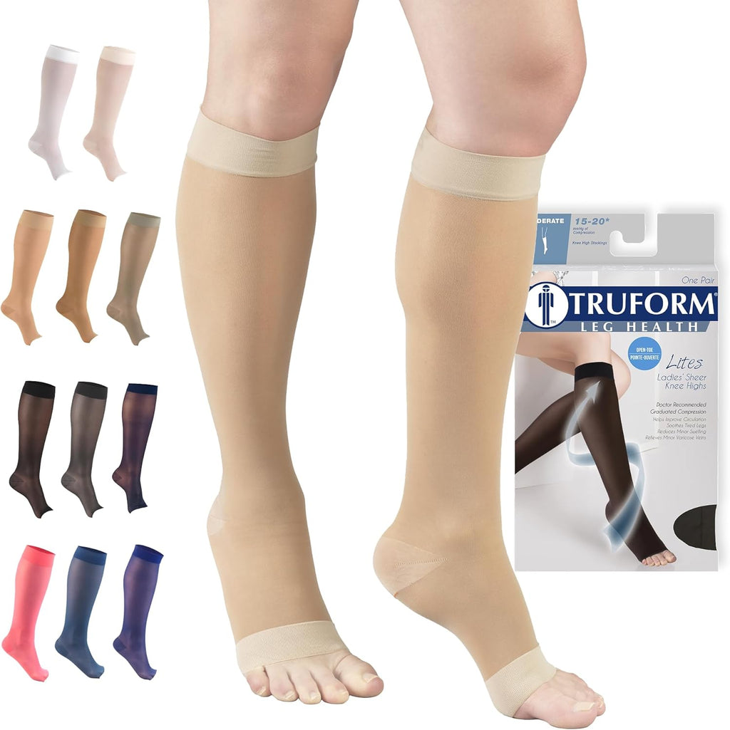 Truform Sheer Compression Stockings, 15-20 mmHg, Women's Knee High Length, Open Toe, 20 Denier, Nude, 3X-Large