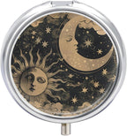 Pill Box-3 Compartment Small Pill Case, Portable Round Pill Box for Pocket or Purse, Decorative Metal Medicine Vitamin Organizer. (The Sun and the Moon)
