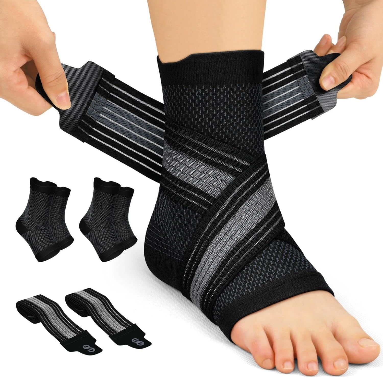 PAPLUS 2 Pairs Ankle Brace for Men & Women Plantar Fasciitis Relief- Adjustable Ankle Support for Foot Pain, Achilles Tendonitis Brace - with Removable Strap for Swelling Black