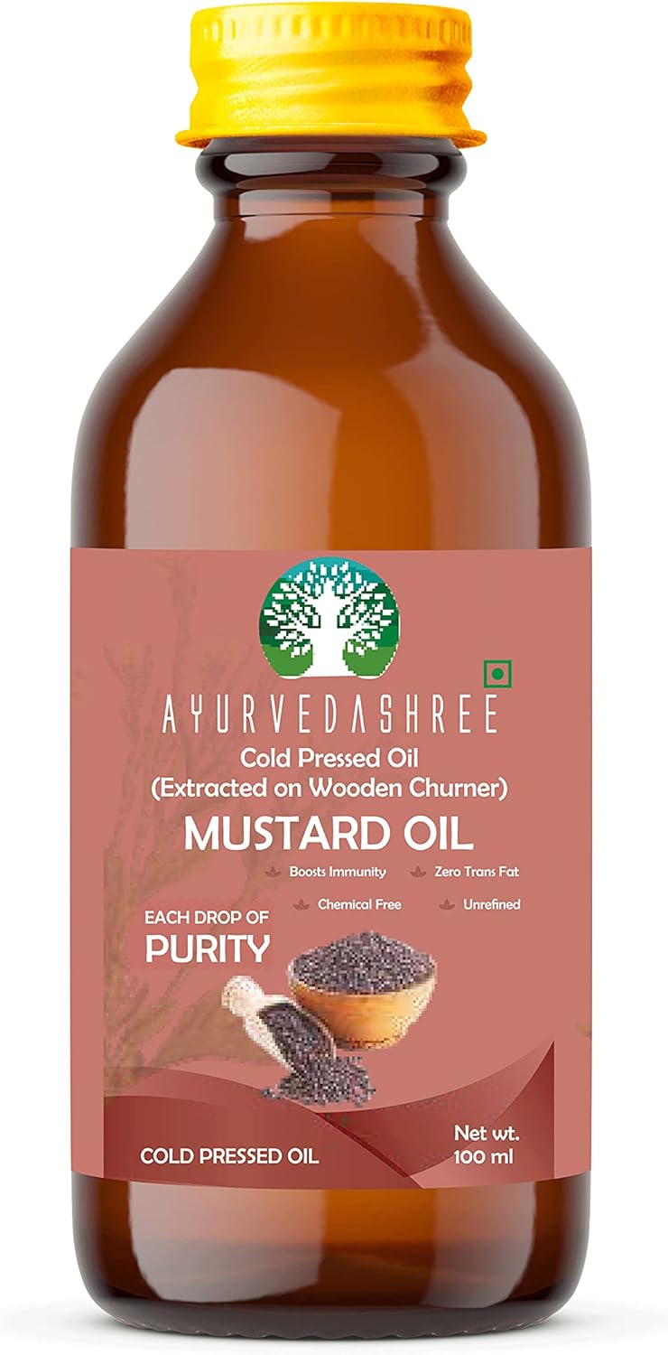 AYURVEDASHREE Mustard Oil 3.38 fl oz.. Cold Pressed Oil, Extracted on Wooden Churnerto Sustain maximum nutrition, 100% Pure & Natural, No GMO, Untreated and Unrefined, Cooking & Flavor Enhancer in Many Cuisines, 100 ML