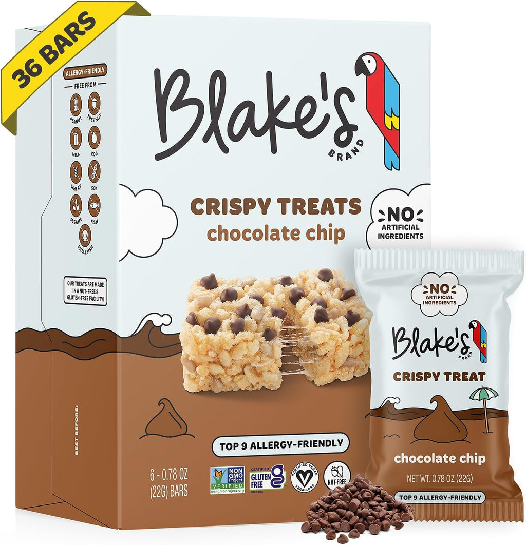 Blake’s Crispy Treats – Chocolate Chip (36 Count), Nut Free, Gluten Free, Dairy Free & Vegan, Healthy Snacks for Kids or Adults, School Friendly, Low Calorie Soy Free Snack