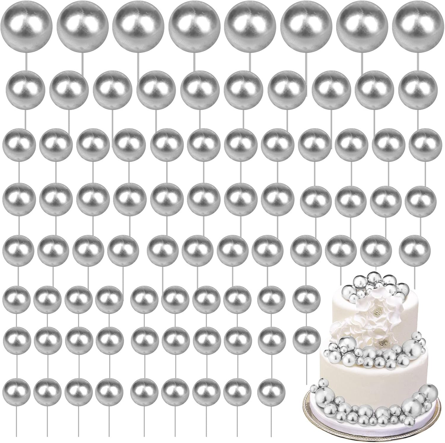 108 Pcs Balls Cake Topper DIY Cupcake Insert Foam Balloons for Cake Baking Wedding Anniversary Birthday Decoration(Silver,Multi Sizes)