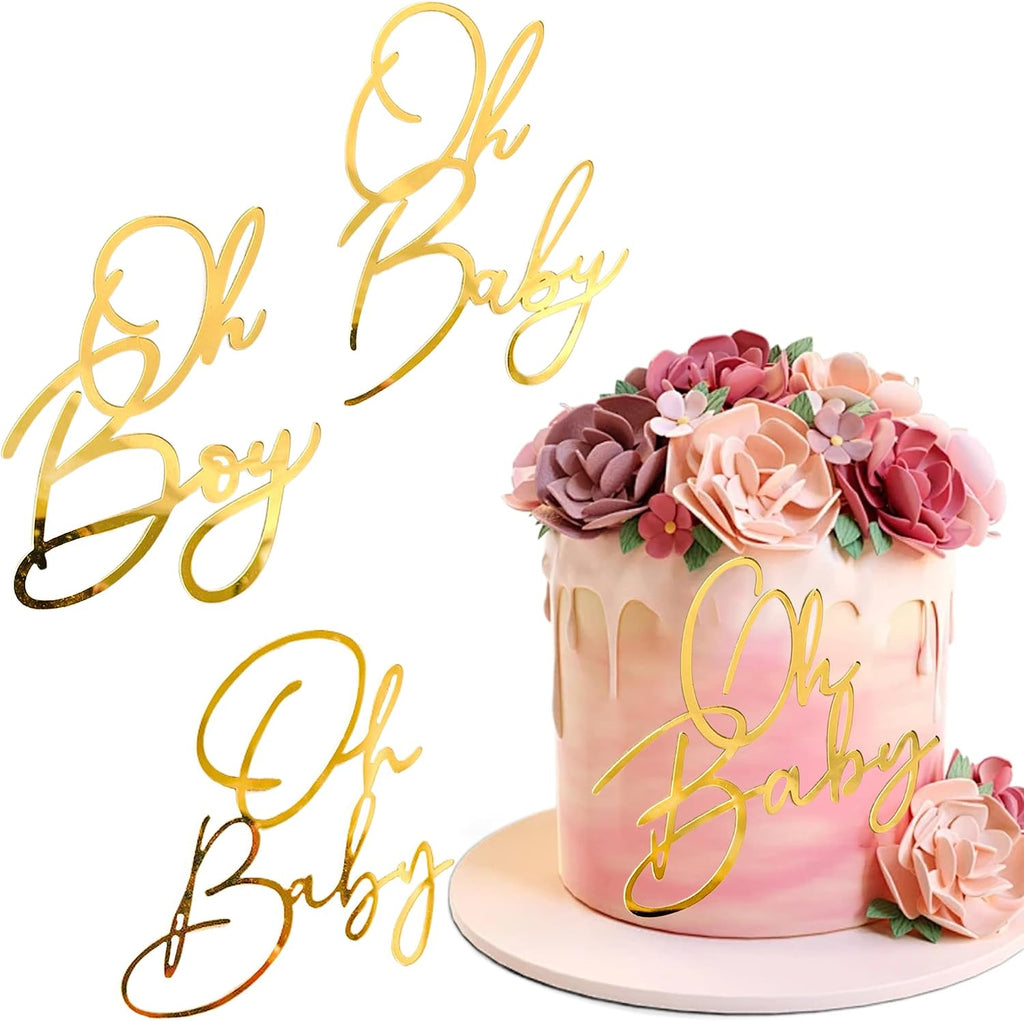 4 Pcs Oh Baby Cake Topper,Gold Acrylic Oh Baby Cake Topper for Celebrating Baby Shower Kids Birthday Party Decoration Supplies