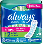 Always Ultra Thin Feminine Pads Without Wings for Women, Size 2, Long Super Absorbency, Unscented, 40 Count x 3 Pack (120 Count Total) (Packaging May Vary)