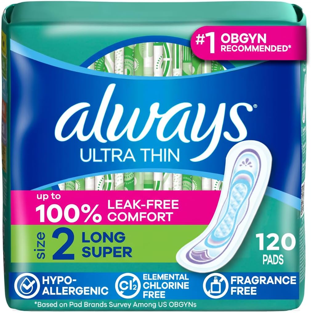 Always Ultra Thin Feminine Pads Without Wings for Women, Size 2, Long Super Absorbency, Unscented, 40 Count x 3 Pack (120 Count Total) (Packaging May Vary)