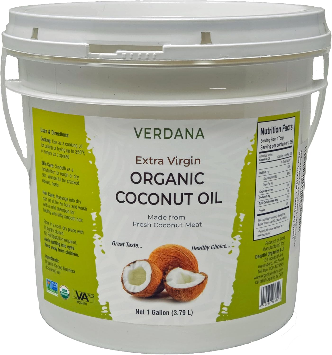 Verdana Organic Extra Virgin Coconut Oil, Food Grade, Unrefined Cold Pressed, USDA Organic, 1 Gallon, Bulk Value Size for Cooking, Baking & Soap Making