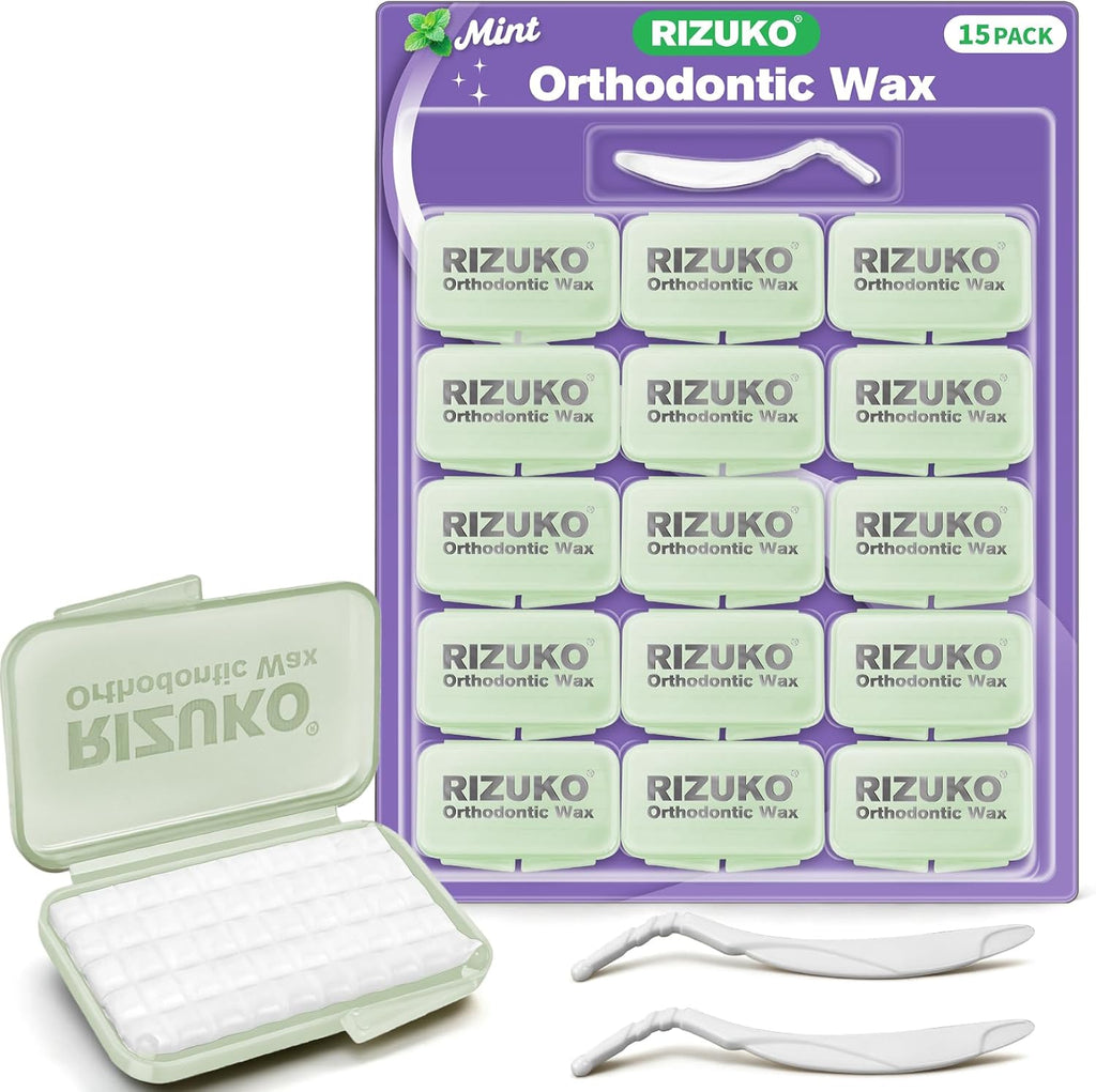 Orthodontic Wax for Braces 15-Pack, Pre-cut 750 Braces Wax dots,Dental Care Orthodontic Wax Strips with Hygienic Individual Wraps and 2Pcs Scraper Kit,Mint Flavor
