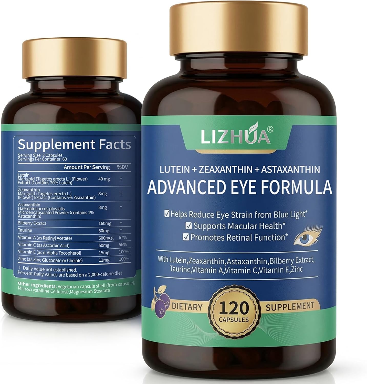Lutein 40mg & Zeaxanthin 8mg Eye Vitamins, with Astaxanthin, Bilberry, Taurine, Vitamins A C E Zinc, Blue Light & Macular Support, 120 Veggie Capsules