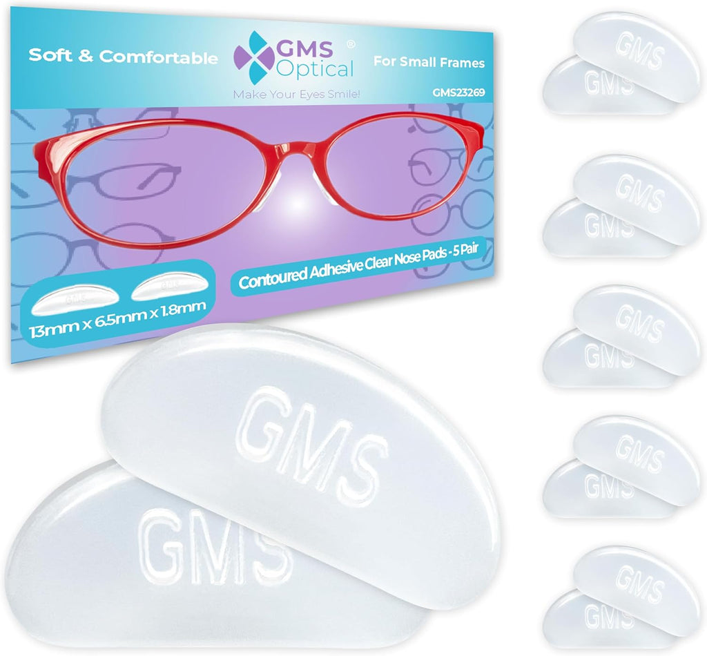 GMS Optical Adhesive Silicone Nose Pads for Glasses | 1.8mm Reg-Thin, 13mm Small | Non Slip Glasses Grips for Sunglasses and Eyewear w/Super Sticky Backing for Kids & Small Frames (5 Pairs, Clear)
