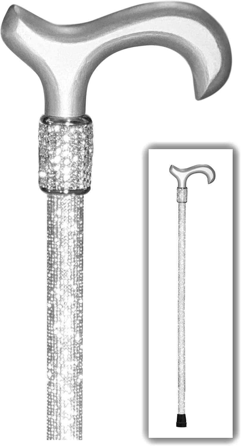 “Silver Screen” Lightweight Crystal Rhinestone Bedazzled Fashion Cane - Fashionable Wooden Bling Walking Stick for Balance Assistance