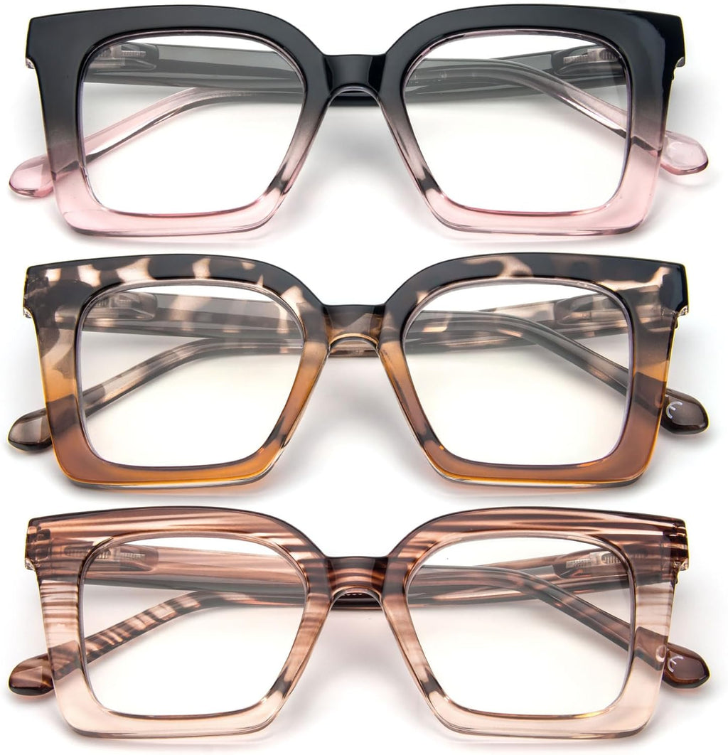 3 Pack Stylish Square Frame Oprah Style Reading Glasses for Women, Blue Light Blocking Comfortable Readers